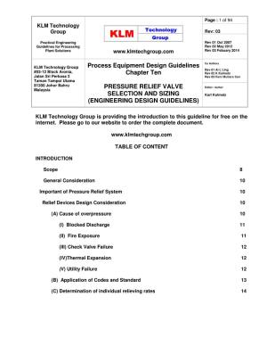Process Equipment Design Guidelines Chapter Ten PRESSURE RELIEF VALVE SELECTION and SIZING