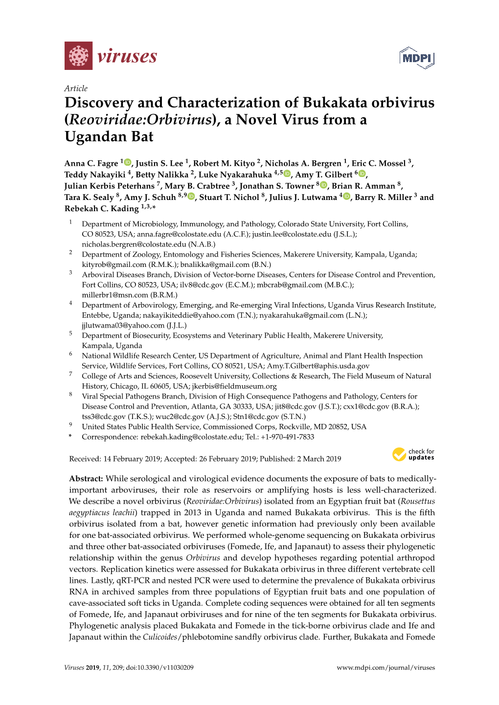 Discovery and Characterization of Bukakata Orbivirus (Reoviridae:Orbivirus), a Novel Virus from a Ugandan Bat