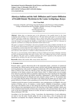 Alawiyya Sufism and the Sufi: Diffusion and Counter-Diffusion of Swahili Islamic Mysticism in the Lamu Archipelago, Kenya