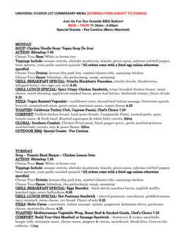 UNIVERSAL STUDIOS LOT COMMISSARY MENU (All MENU ITEMS SUBJECT to CHANGE)