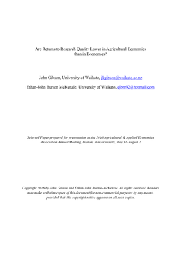 Are Returns to Research Quality Lower in Agricultural Economics Than in Economics? John Gibson, University of Waikato, Jkgibson@