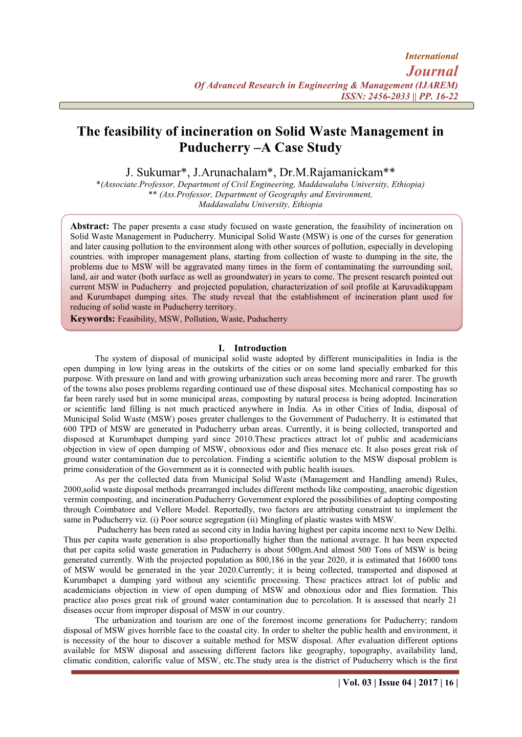 The Feasibility of Incineration on Solid Waste Management in Puducherry –A Case Study