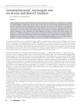 Algonquin Law on Access and Benefit Sharing Larry Mcdermott and Peigi Wilson