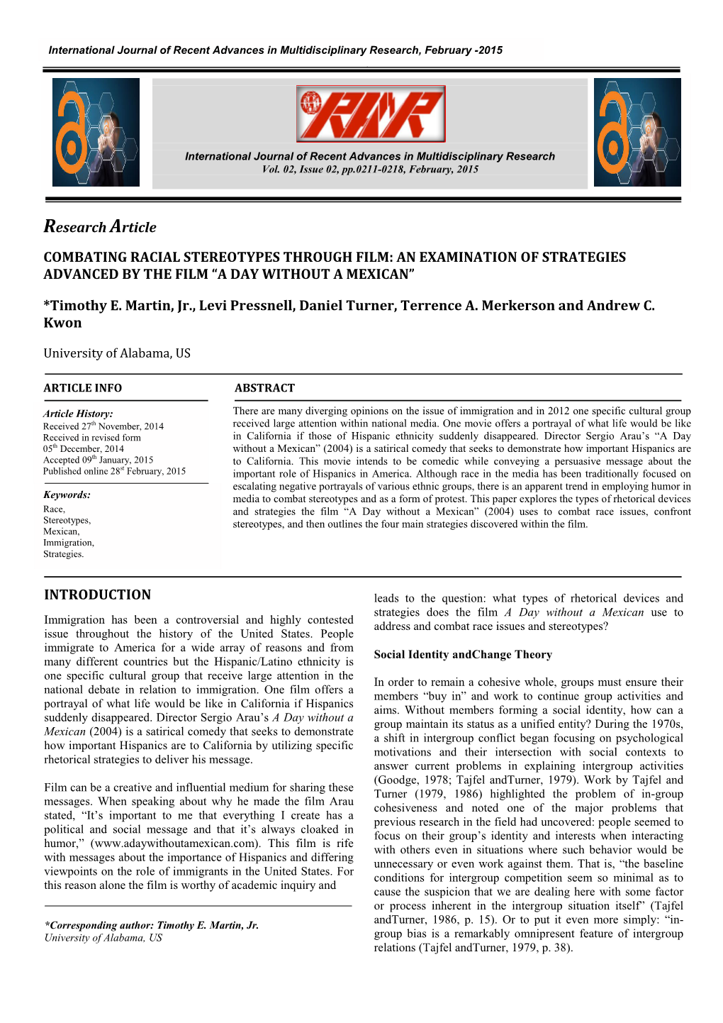 Research Article COMBATING RACIAL STEREOTYPES THROUGH FILM