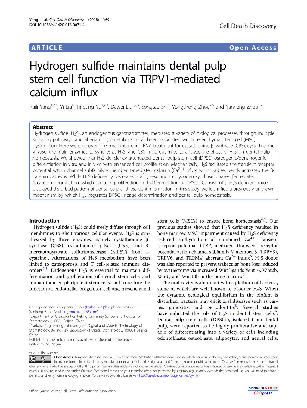 Hydrogen Sulfide Maintains Dental Pulp Stem Cell Function Via TRPV1