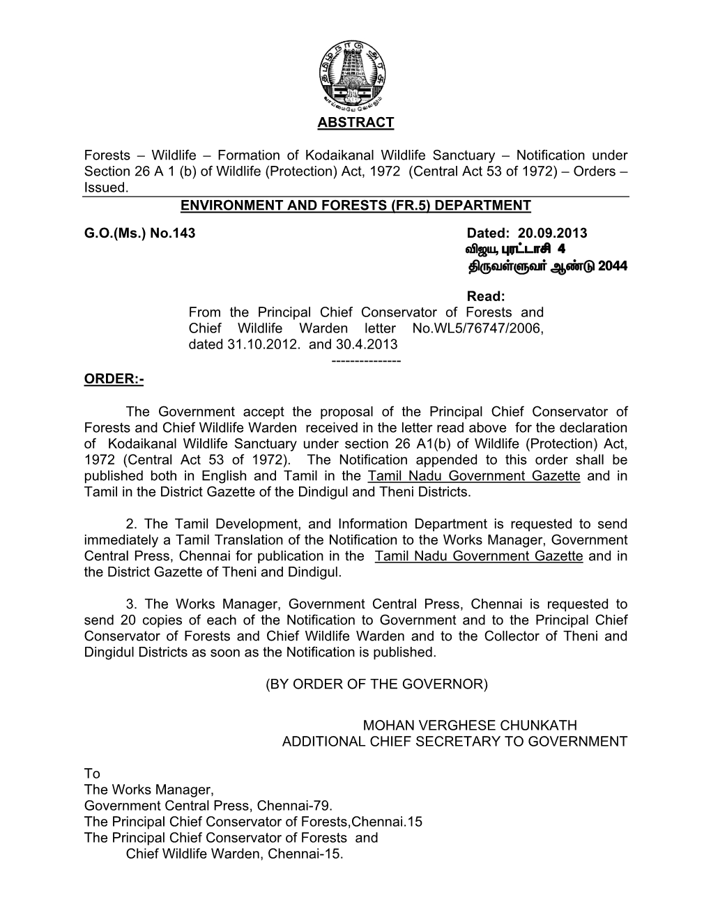 Formation of Kodaikanal Wildlife Sanctuary – Notification Under Section 26 a 1 (B) of Wildlife (Protection) Act, 1972 (Central Act 53 of 1972) – Orders – Issued