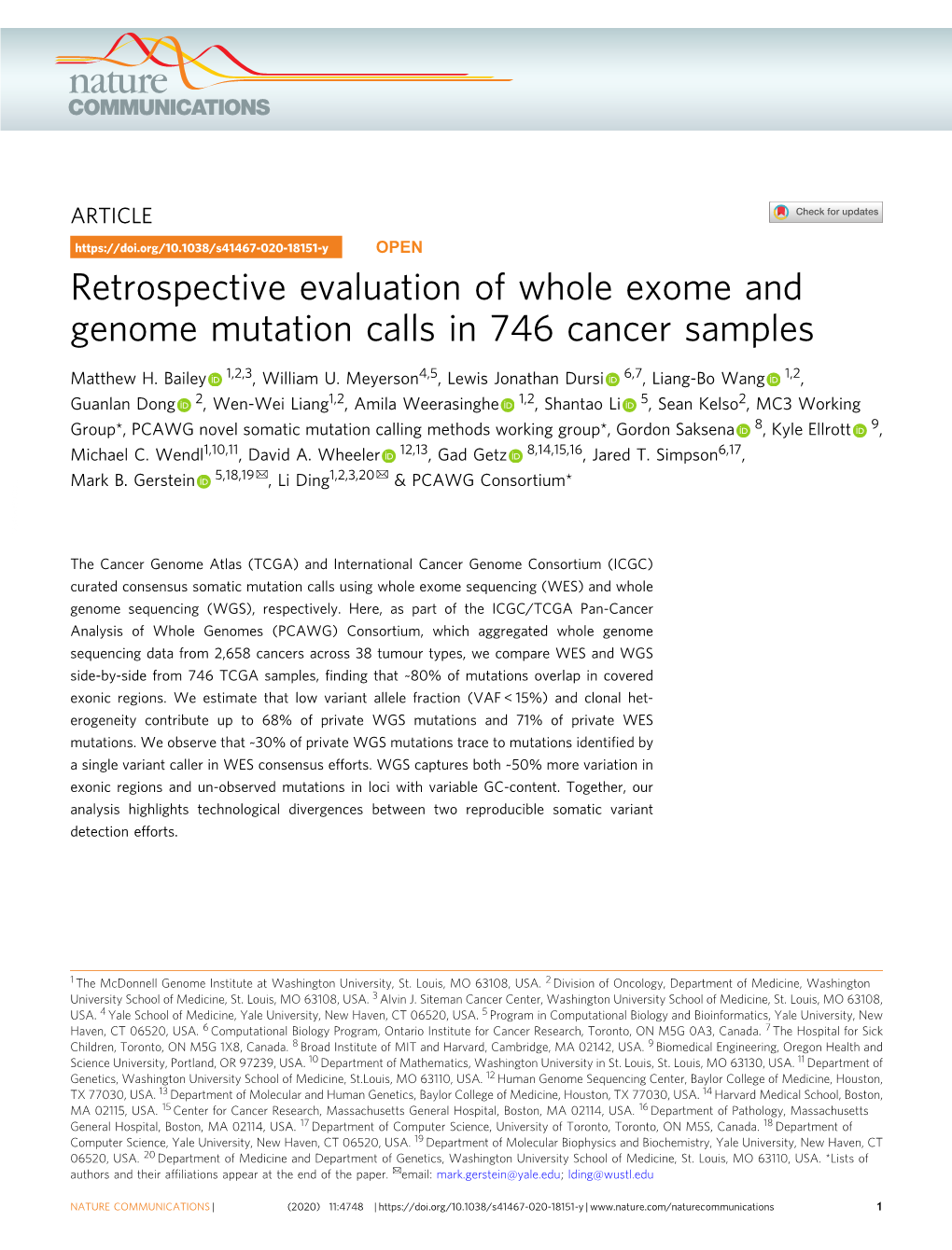 Retrospective Evaluation of Whole Exome and Genome Mutation Calls in 746 Cancer Samples