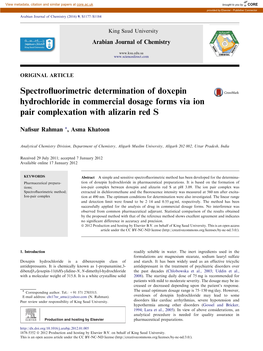 Spectrofluorimetric Determination of Doxepin Hydrochloride In
