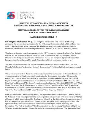 Hamptons International Film Festival Announces Screenwriters & Mentors