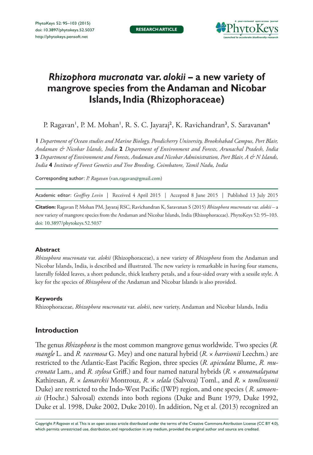 Rhizophora Mucronata Var. Alokii – a New Variety of Mangrove Species from the Andaman and Nicobar Islands, India (Rhizophoraceae)