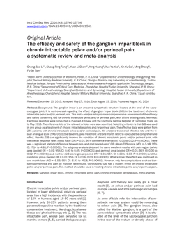Original Article the Efficacy and Safety of the Ganglion Impar Block in Chronic Intractable Pelvic And/Or Perineal Pain: a Systematic Review and Meta-Analysis
