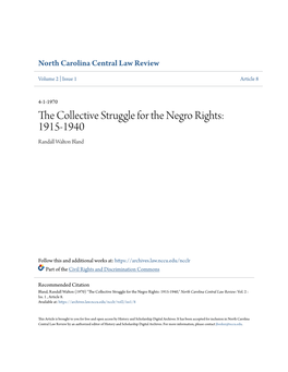 The Collective Struggle for the Negro Rights: 1915-1940