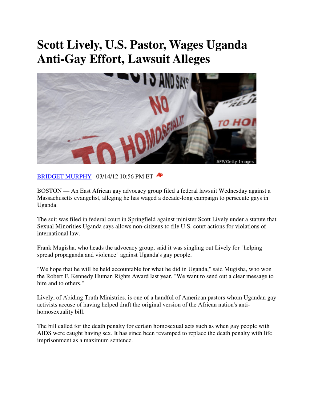 Scott Lively, U.S. Pastor, Wages Uganda Anti-Gay Effort, Lawsuit Alleges