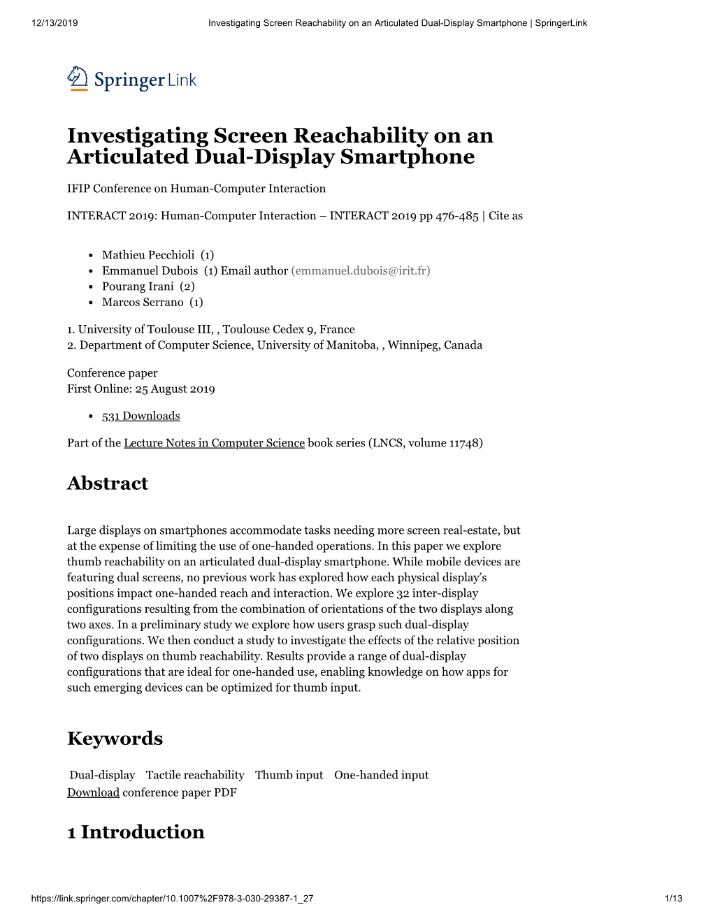 Investigating Screen Reachability on an Articulated Dual-Display Smartphone | Springerlink