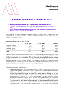 Revenue for the First 9 Months of 2020