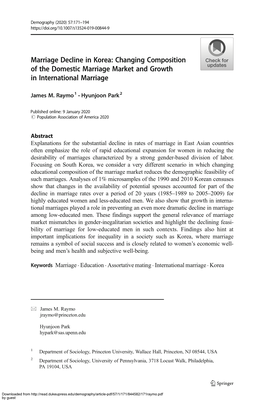 Marriage Decline in Korea: Changing Composition of the Domestic Marriage Market and Growth in International Marriage