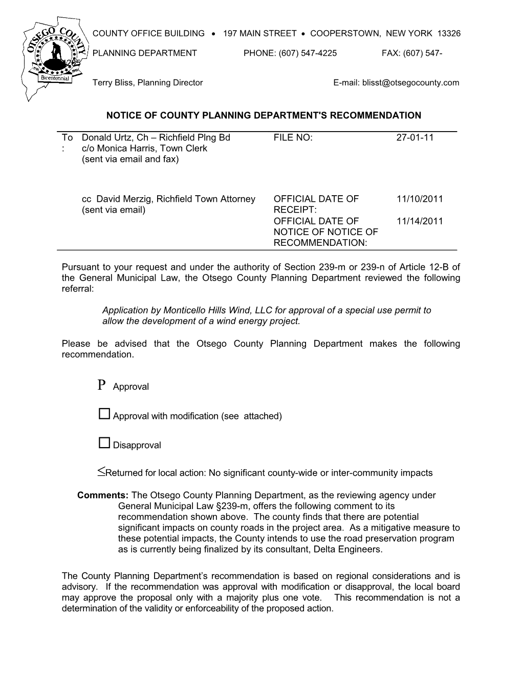 Notice of County Planning Department's Recommendation