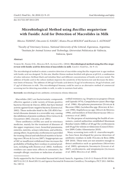 Microbiological Method Using Bacillus Megaterium with Fusidic Acid for Detection of Macrolides in Milk
