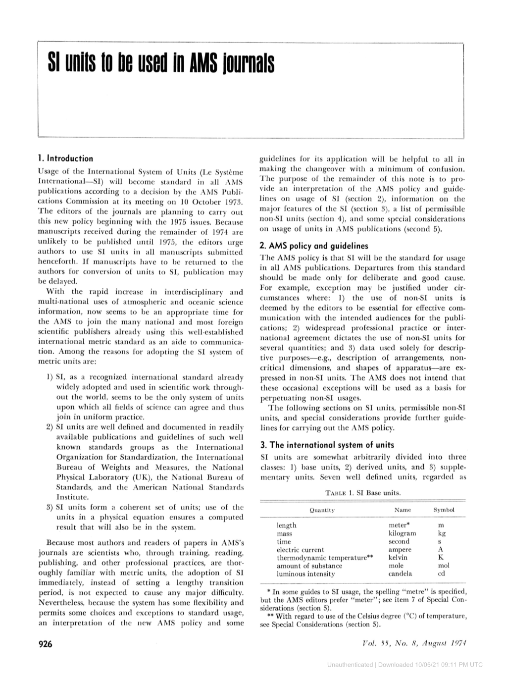 SI Units to He Used in AMS Journals