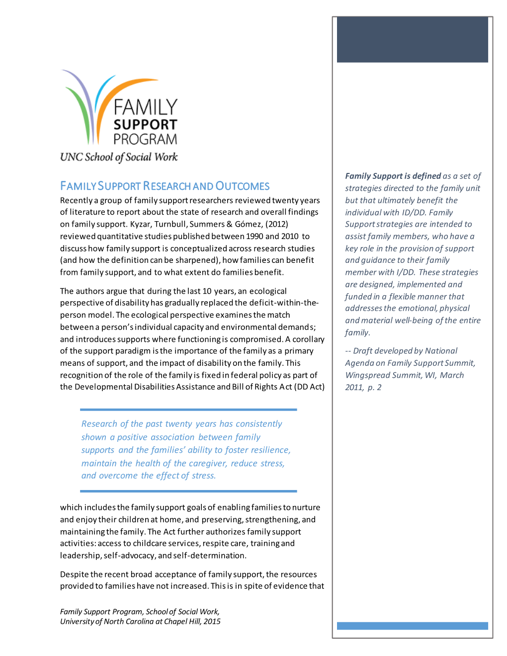 Family Support Research and Outcomes