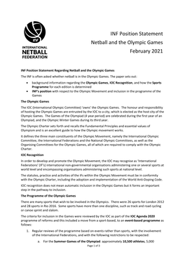 INF Position Statement Netball and the Olympic Games February 2021