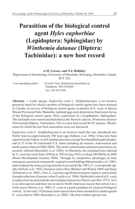 Parasitism of the Biological Control Agent Hyles Euphorbiae (Lepidoptera: Sphingidae) by Winthemia Datanae (Diptera: Tachinidae): a New Host Record