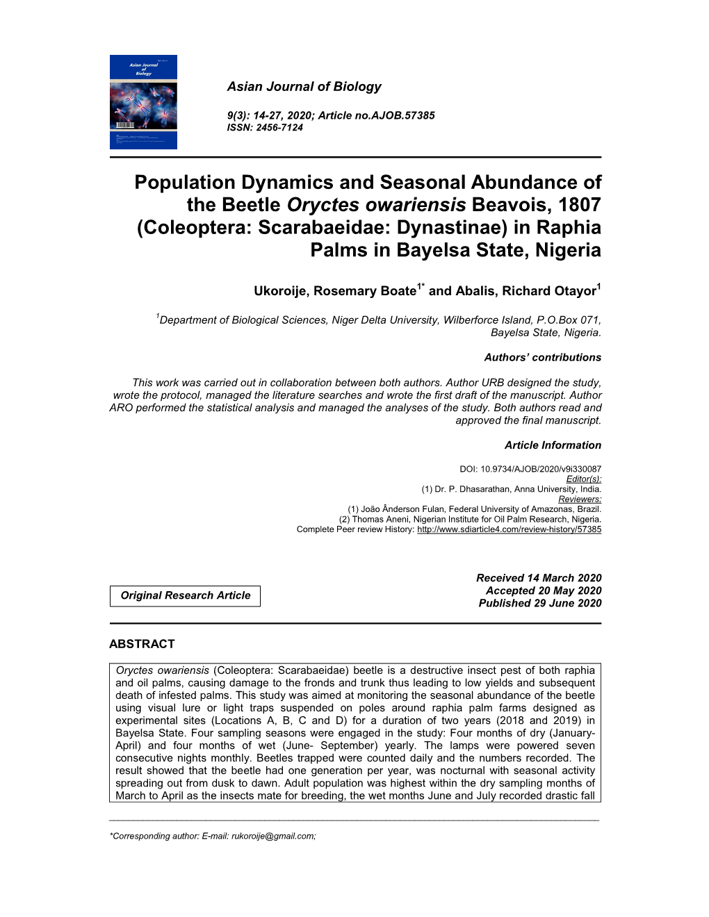 Population Dynamics and Seasonal Abundance of the Beetle Oryctes