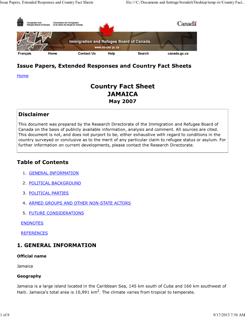 Country Fact Sheet JAMAICA May 2007