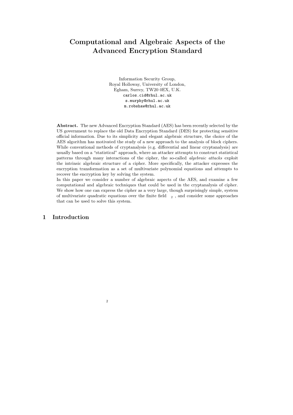 Computational and Algebraic Aspects of the Advanced Encryption Standard