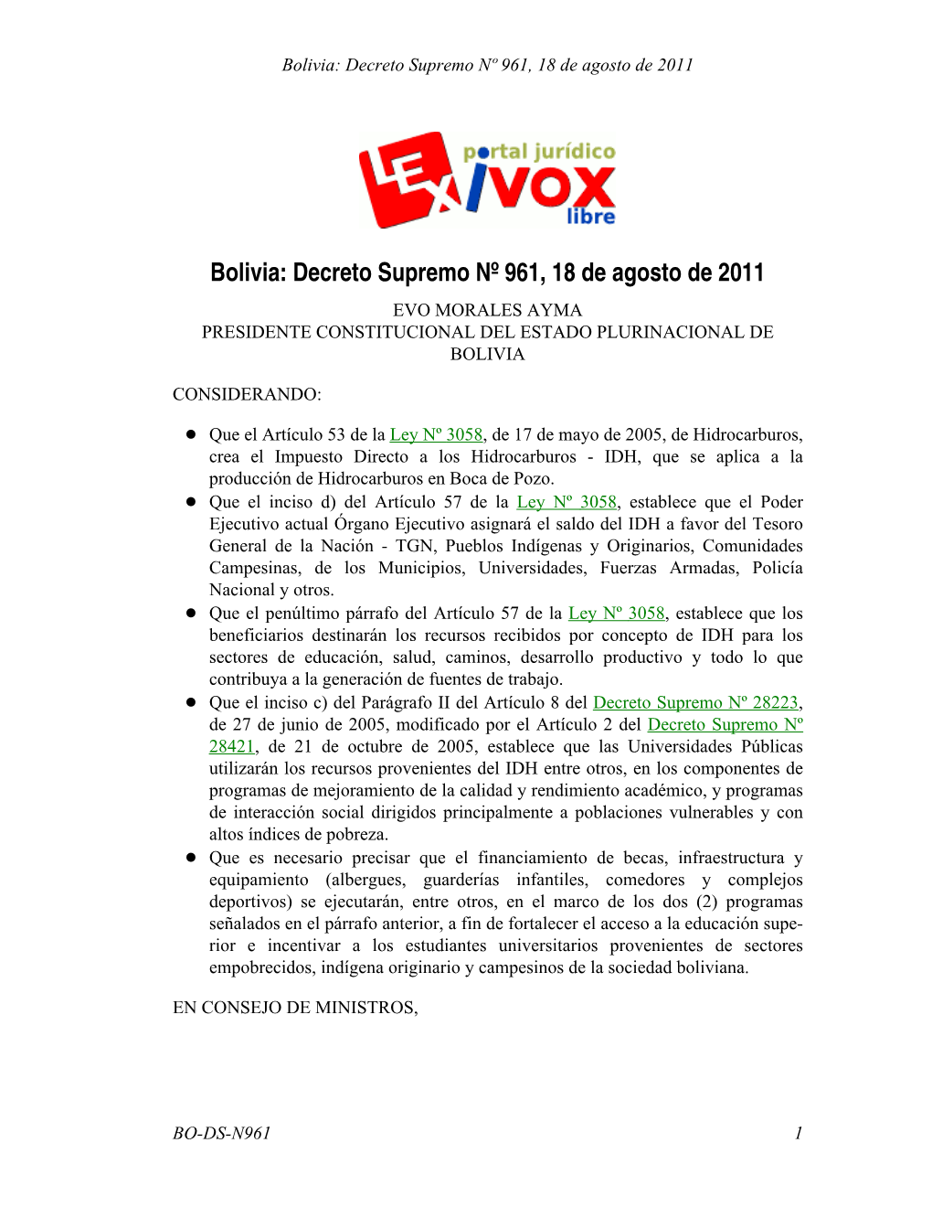 Bolivia: Decreto Supremo Nº 961, 18 De Agosto De 2011