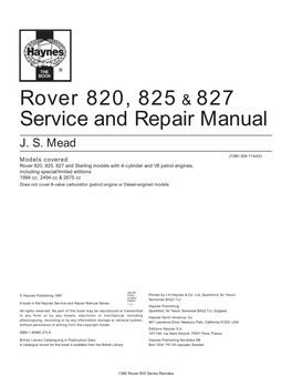 Rover 820, 825 & 827 Service and Repair Manual