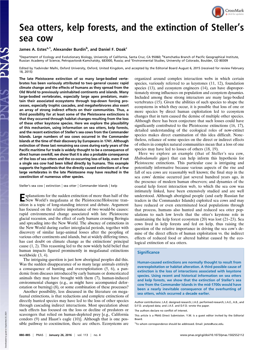 Sea Otters, Kelp Forests, and the Extinction of Stellerts Sea