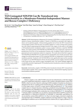 TAT-Conjugated NDUFS8 Can Be Transduced Into Mitochondria in a Membrane-Potential-Independent Manner and Rescue Complex I Defici