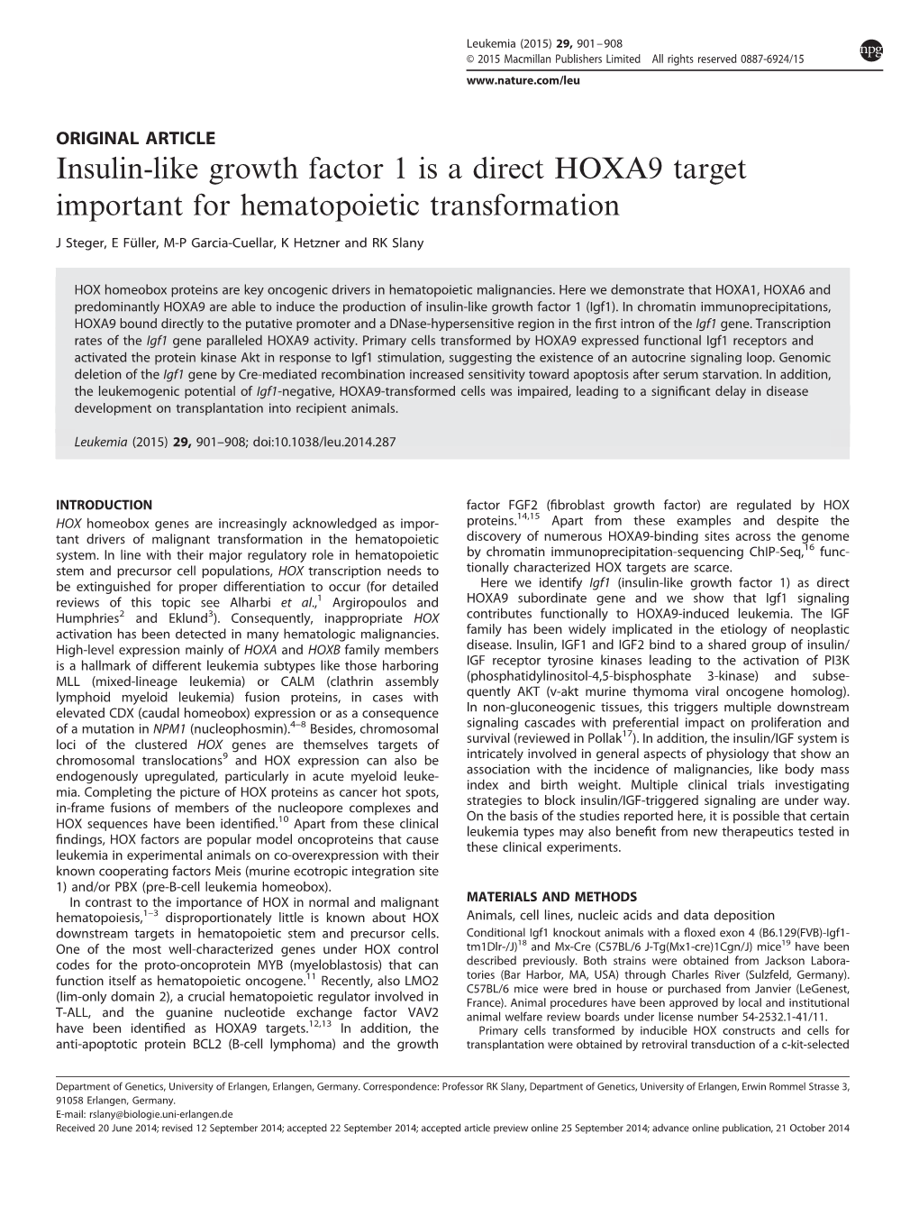 Insulin-Like Growth Factor 1 Is a Direct HOXA9 Target Important for Hematopoietic Transformation