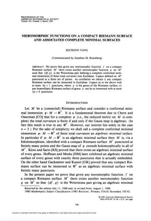 Meromorphic Functions on a Compact Riemann Surface and Associated Complete Minimal Surfaces