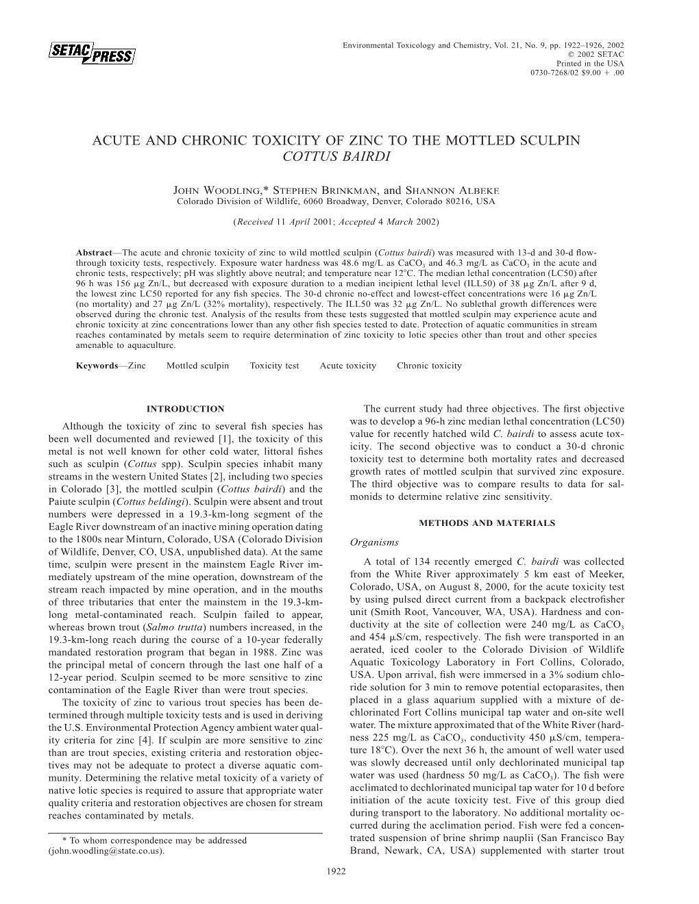 Acute and Chronic Toxicity of Zinc to the Mottled Sculpin Cottus Bairdi