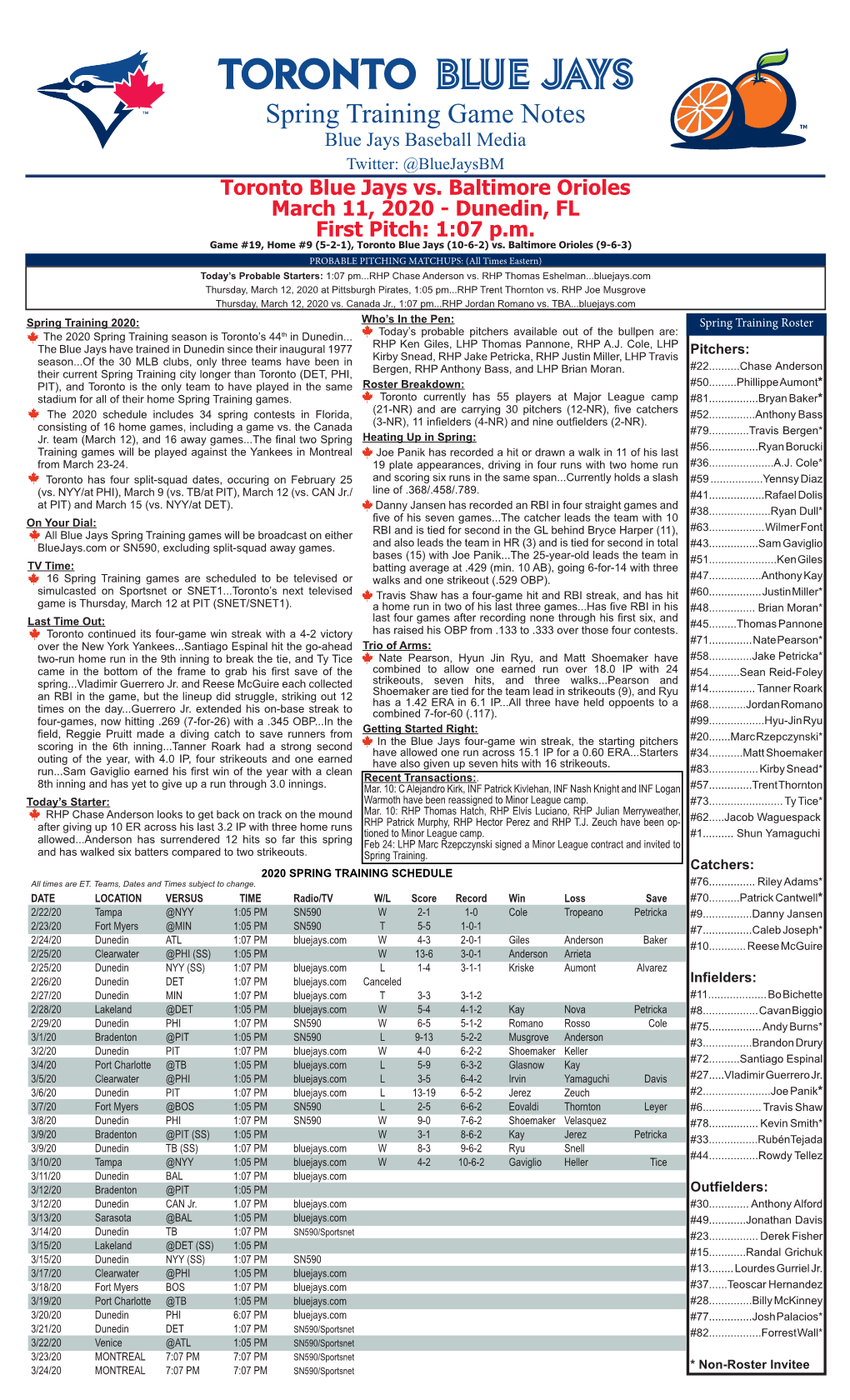 TORONTO BLUE JAYS Spring Training Game Notes Blue Jays Baseball Media Twitter: @Bluejaysbm Toronto Blue Jays Vs