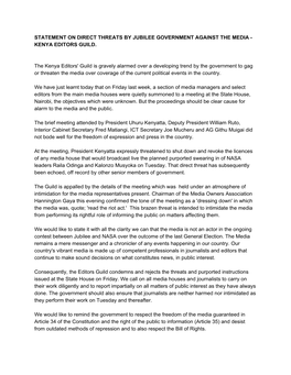 Statement on Direct Threats by Jubilee Government Against the Media - Kenya Editors Guild