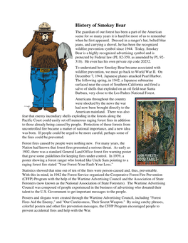 History of Smokey Bear the Guardian of Our Forest Has Been a Part of the American Scene for So Many Years It Is Hard for Most of Us to Remember When He First Appeared