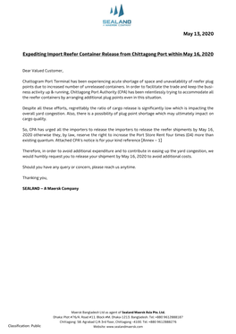 May 13, 2020 Expediting Import Reefer Container Release from Chittagong Port Within May 16, 2020