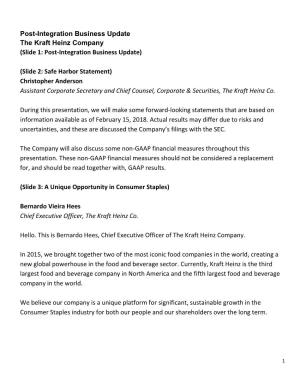 Post-Integration Business Update the Kraft Heinz Company (Slide 1: Post-Integration Business Update) (Slide 2: Safe Harbor Stat