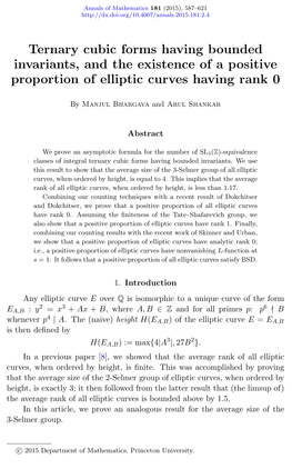 Ternary Cubic Forms Having Bounded Invariants, and the Existence of a Positive Proportion of Elliptic Curves Having Rank 0