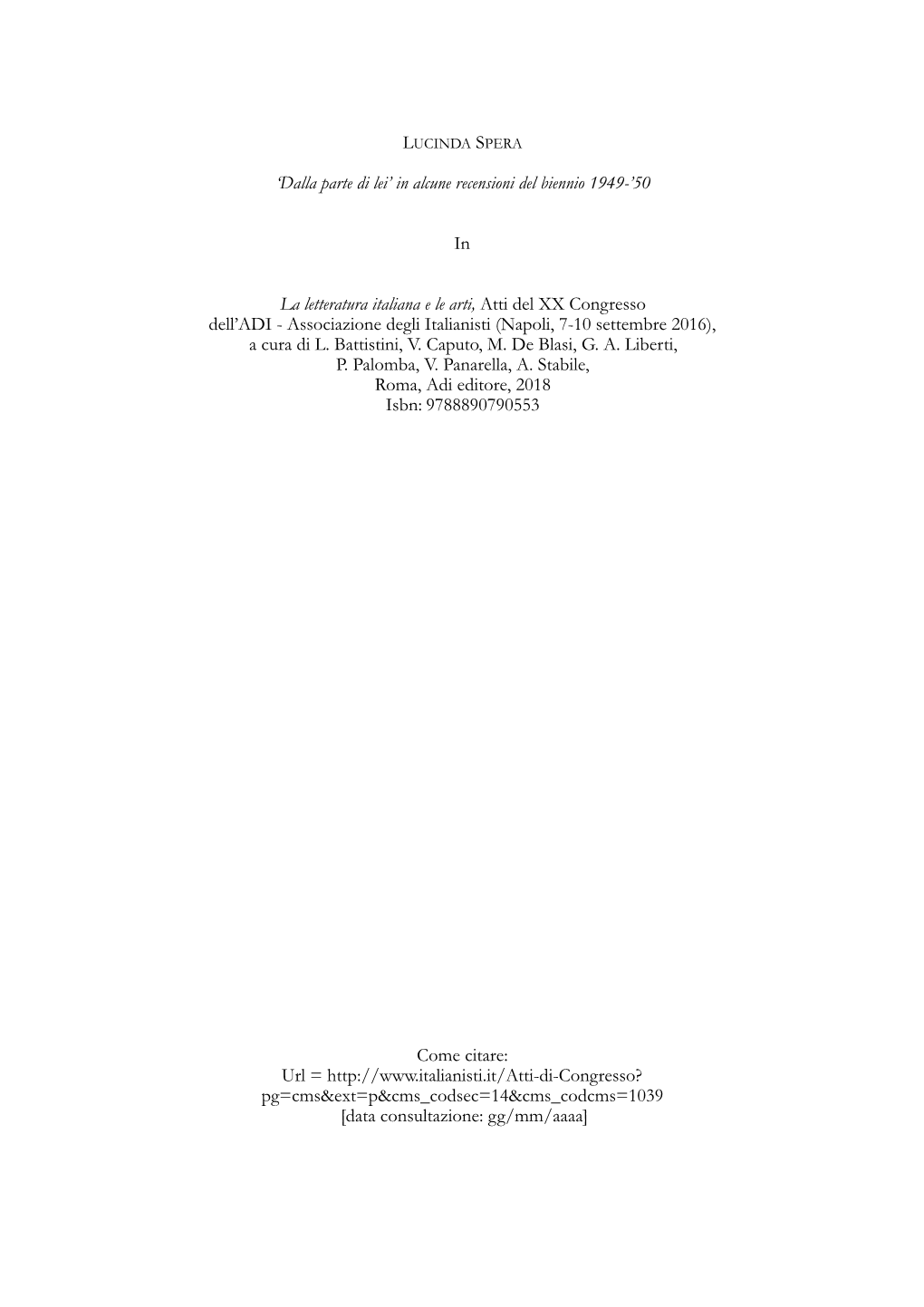 'Dalla Parte Di Lei' in Alcune Recensioni Del Biennio 1949-'50 in La