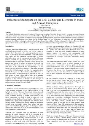 Influence of Ramayana on the Life, Culture and Literature in India and Abroad Ramayana Dr.Y.RAMESH Associate Professor Department of History & P.G