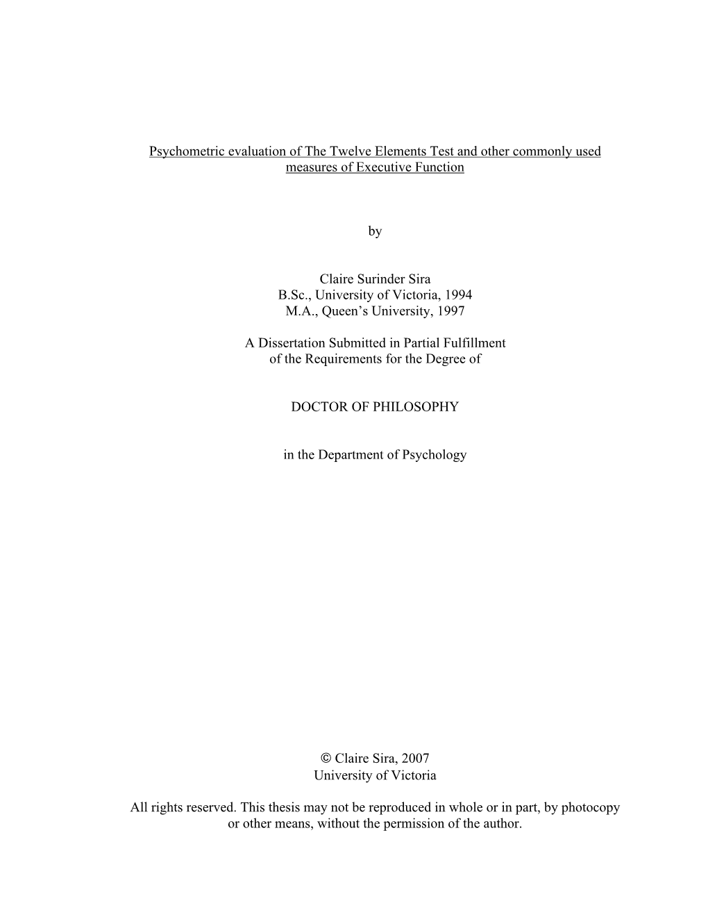 Psychometric Evaluation of the Twelve Elements Test and Other Commonly Used Measures of Executive Function