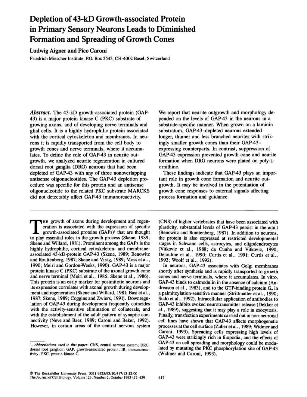 Depletion of 43-Kd Growth-Associated Protein In