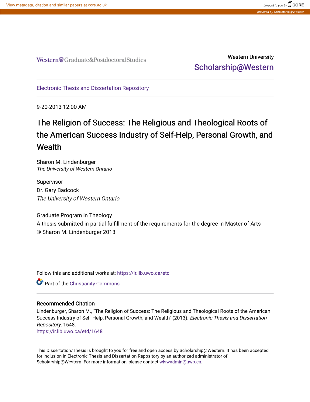 The Religion of Success: the Religious and Theological Roots of the American Success Industry of Self-Help, Personal Growth, and Wealth