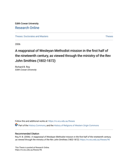A Reappraisal of Wesleyan Methodist Mission in the First Half of the Nineteenth Century, As Viewed Through the Ministry of the Rev John Smithies (1802-1872)