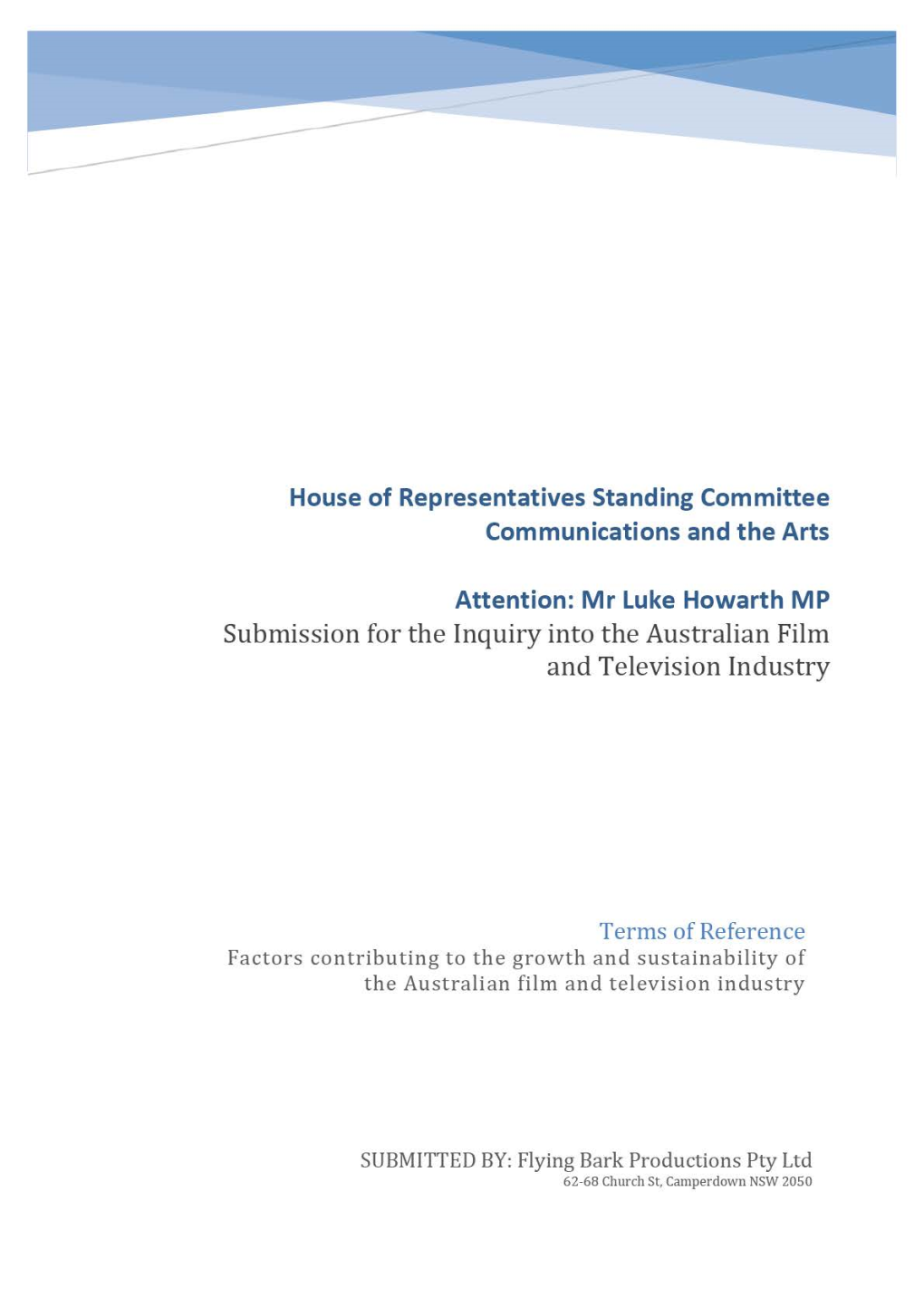 Submission for the Inquiry Into the Australian Film and Television Industry