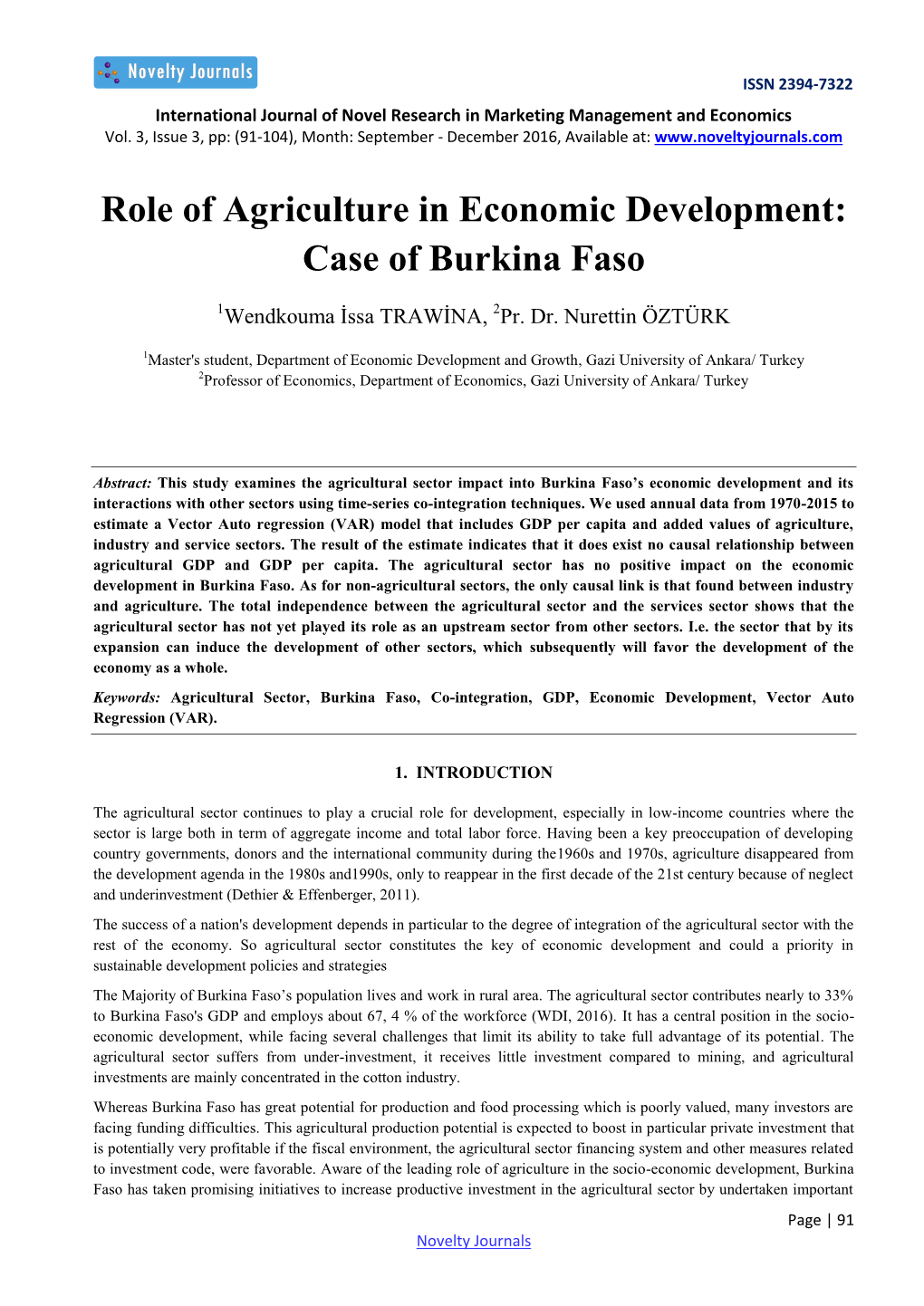 Role of Agriculture in Economic Development: Case of Burkina Faso
